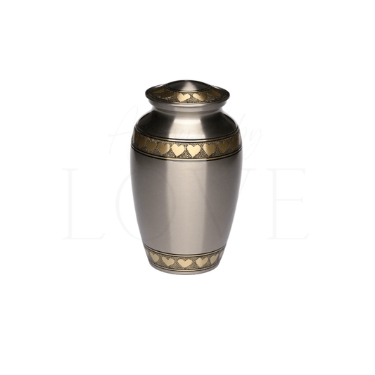 Brushed Pewter Urn with Golden Brass Hearts - Anchored by Love